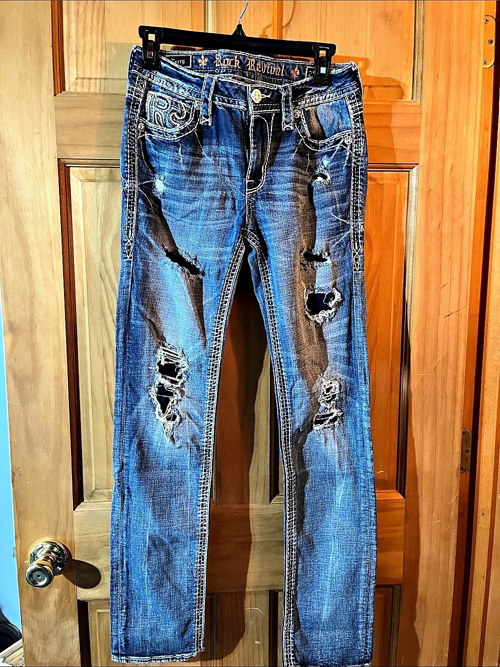 Rock Revival Mid-Rise Straight Distressed Straight Leg Jeans in Blue Waist 27